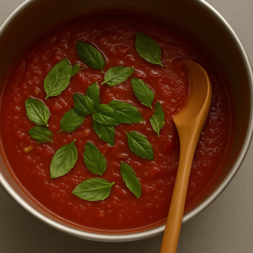 Salsa di pomodoro in cottura in una casseruola con aglio rosolato e basilico fresco spezzettato