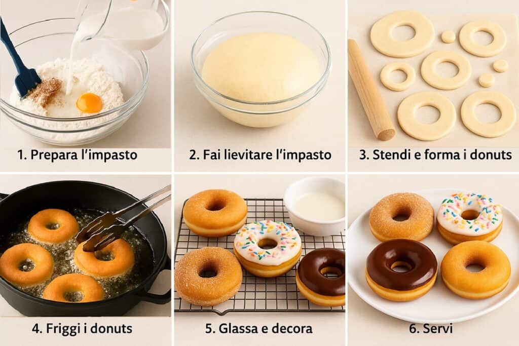 Sequenza fotografica dei sei passaggi per preparare i Donuts fatti in casa