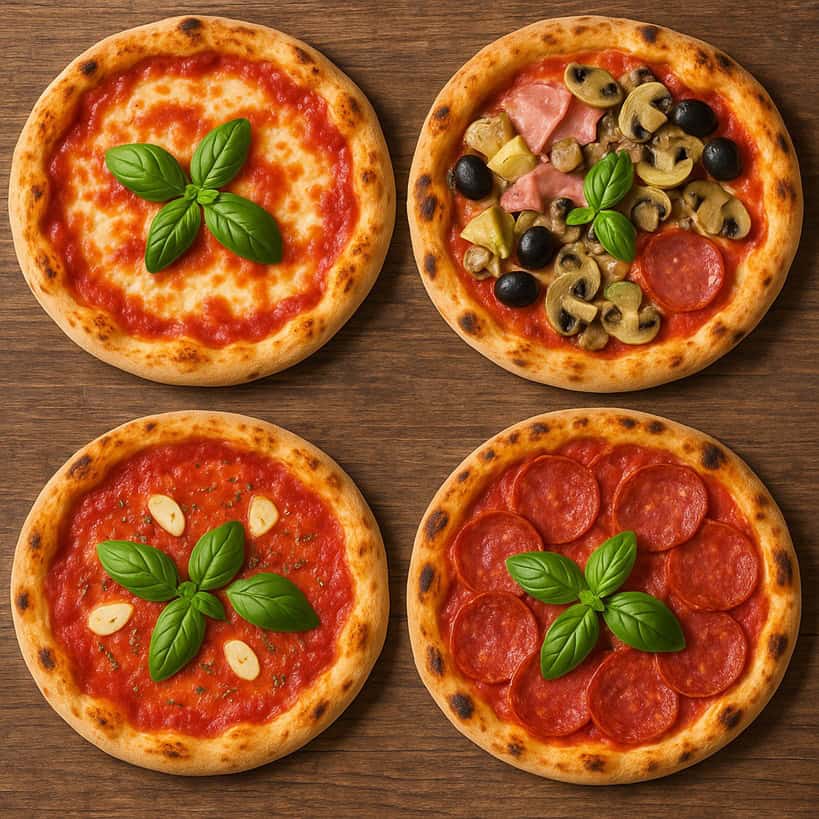 Pizza Margherita, Capricciosa, Marinara e Diavola 