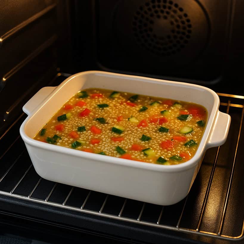 Teglia bianca nel forno con quinoa cruda, verdure e brodo in cottura