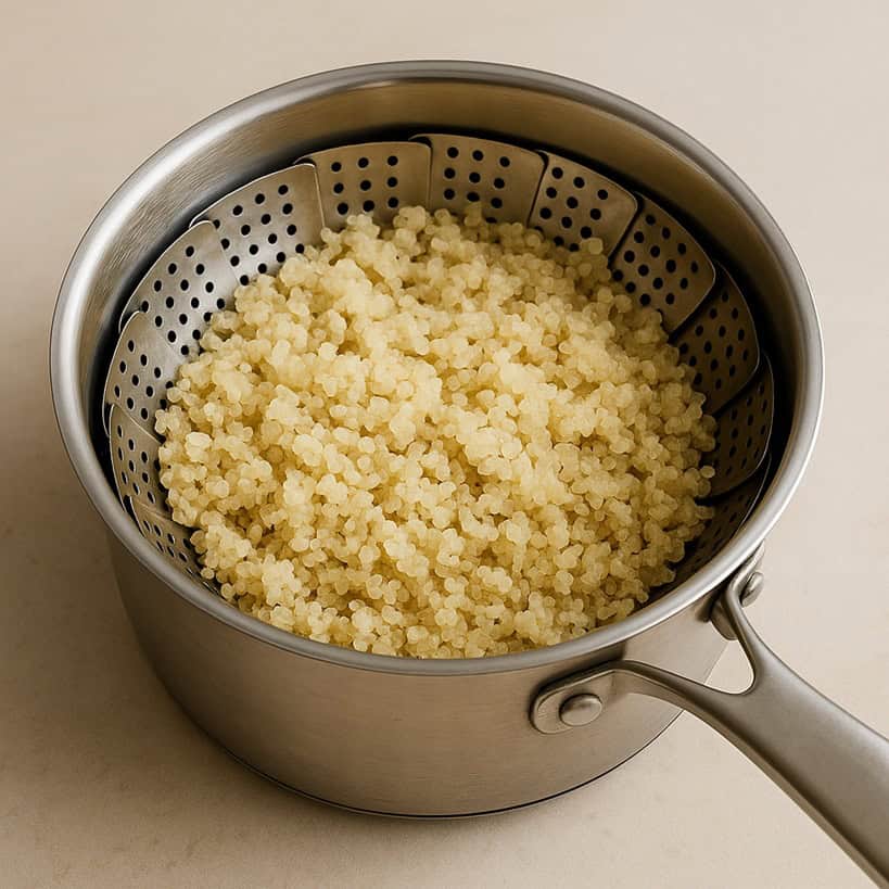 Quinoa al vapore in cestello in acciaio, con chicchi soffici e separati