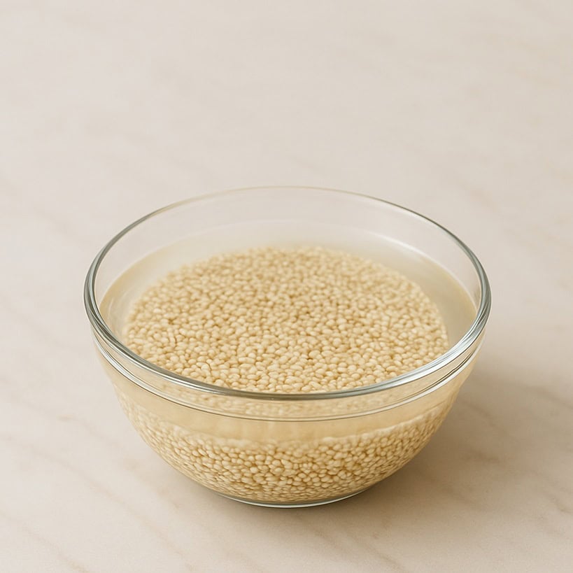 Ciotola in vetro con quinoa in ammollo prima della cottura