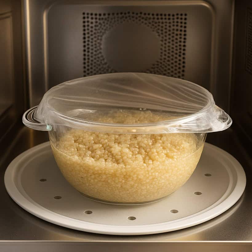 Contenitore in vetro con quinoa e acqua in cottura dentro un microonde