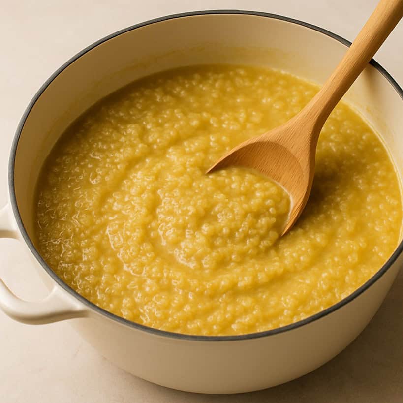 Quinoa cremosa cotta come un risotto in pentola chiara con cucchiaio in legno
