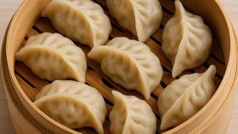 Ravioli cinesi al vapore disposti ordinatamente in un cestello di bambù