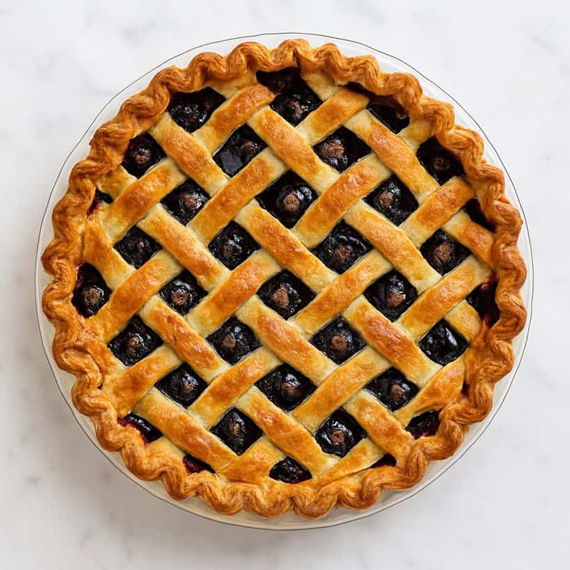Torta ai mirtilli con crosta a grata, appena sfornata, servita su fondo in marmo chiaro