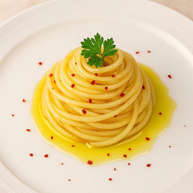 Spaghetti aglio, olio e peperoncino conditi con peperoncino tritato e olio lucido