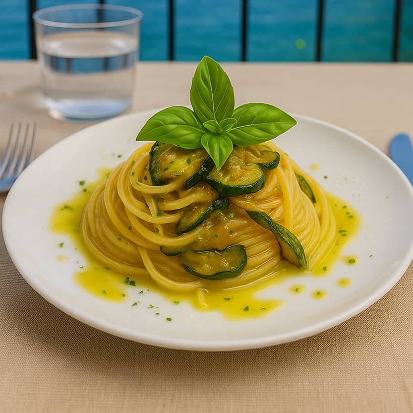 Spaghetti alla Nerano su tavolo con vista sulla costiera, serviti con zucchine e basilico fresco