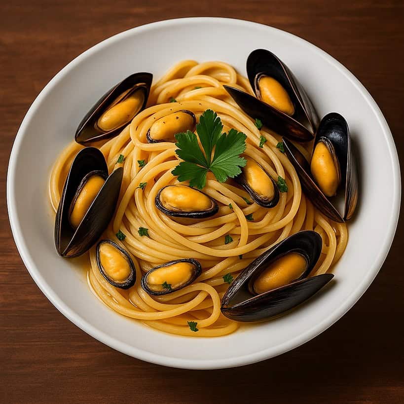Spaghetti alle cozze in bianco disposti in piatto bianco con cozze intere e prezzemolo fresco su sfondo rustico