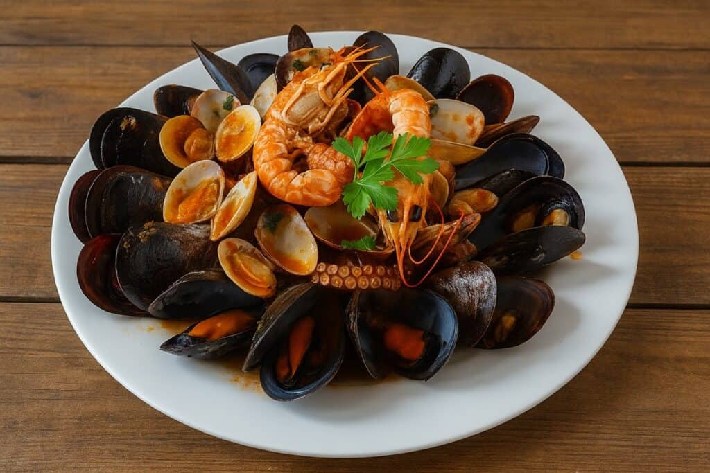 Zuppa di cozze napoletana con friselle, polpo, cozze e gamberi appena assemblata nel piatto