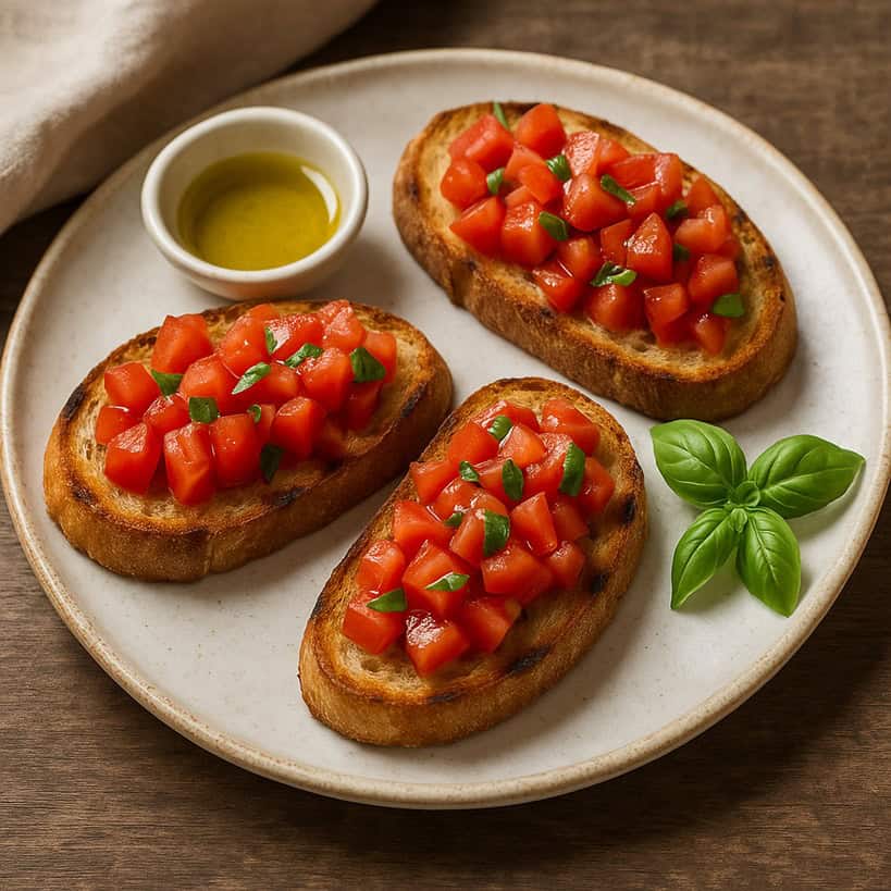 Bruschette classiche con pomodori e basilico su piatto rustico