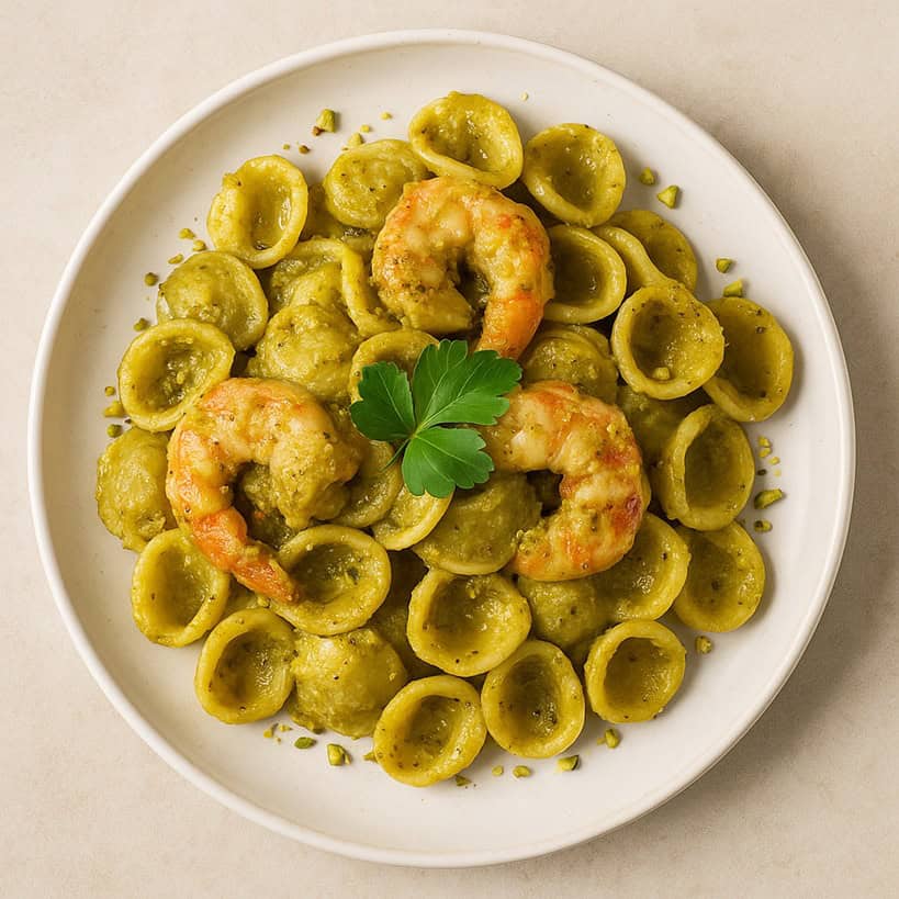 Piatto di pasta al pesto di pistacchi e gamberi, cremoso e ricco di sapore, servito con granella di pistacchi e zest di limone.