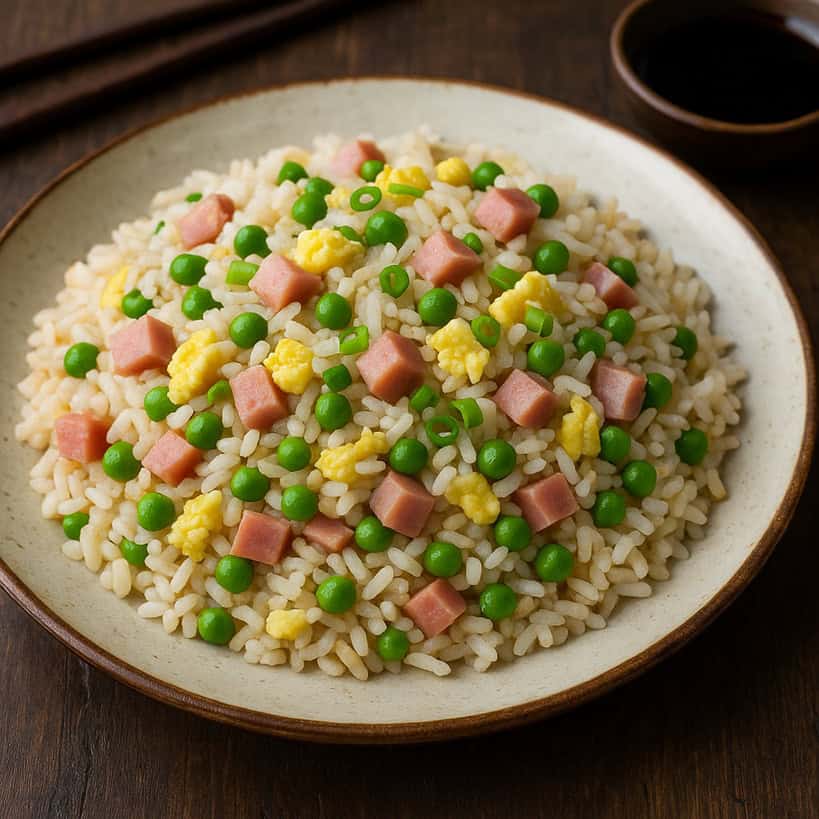 Riso cantonese con prosciutto, piselli e uova su piatto rustico