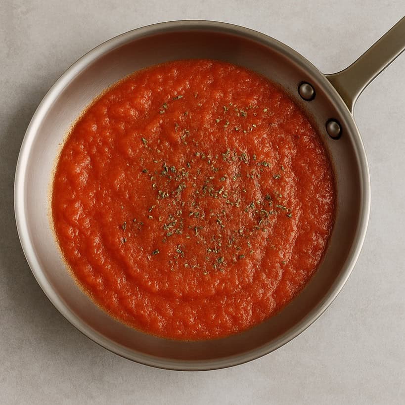 Salsa di pomodoro cotta con origano in padella d’acciaio su sfondo neutro