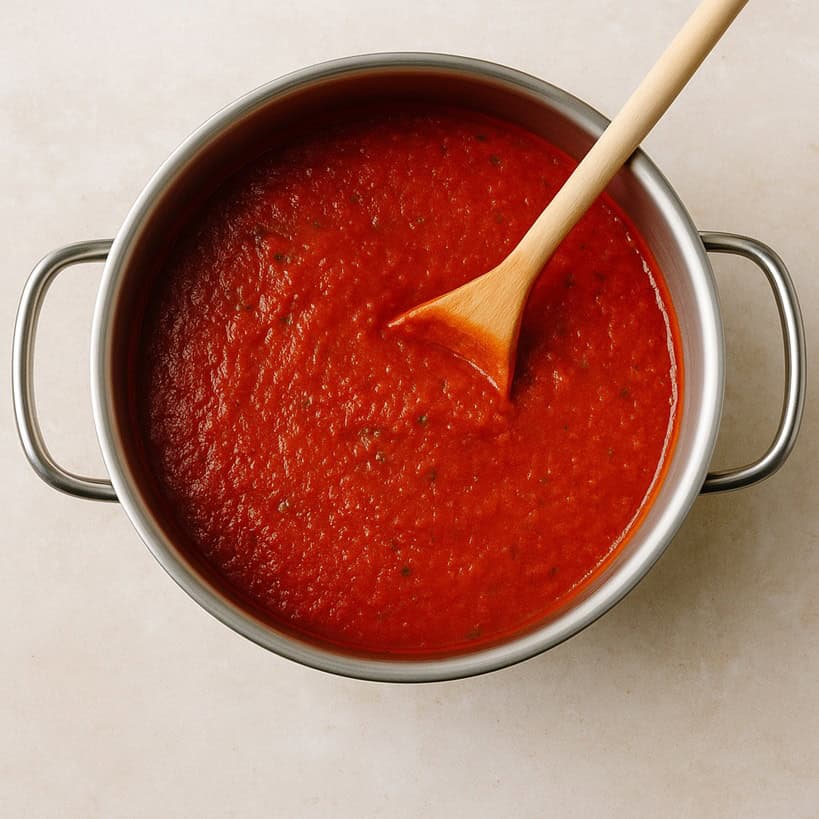 Passata di pomodoro densa in tegame d’acciaio inox per la base della pasta alla Norma