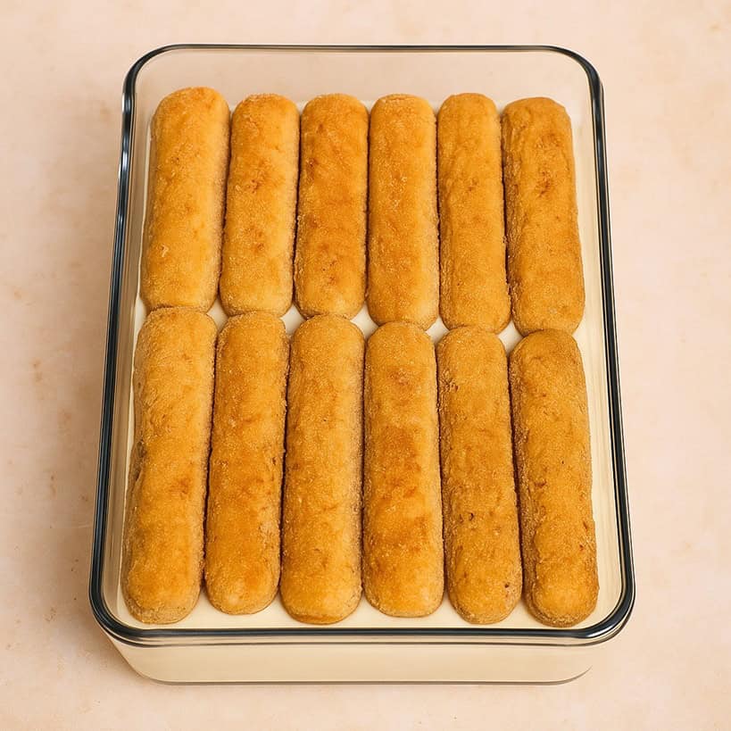 Pirofila con secondo strato di savoiardi inzuppati per la preparazione del tiramisù