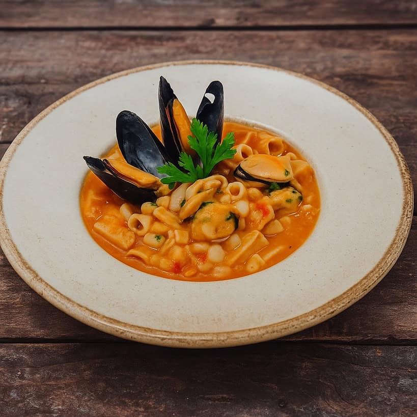 Pasta e fagioli con le cozze servita in piatto rustico, cremosa e ben mantecata con cozze e prezzemolo