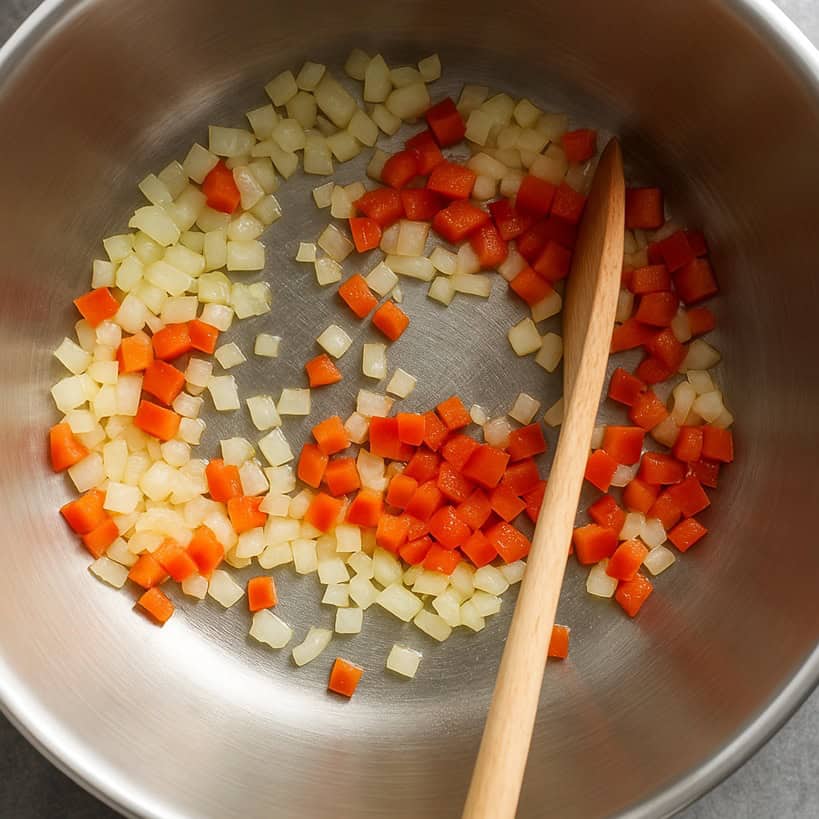 Cipolle, aglio, peperoni e peperoncino rosolati in pentola con spezie tostate per preparare il soffritto del chili con carne