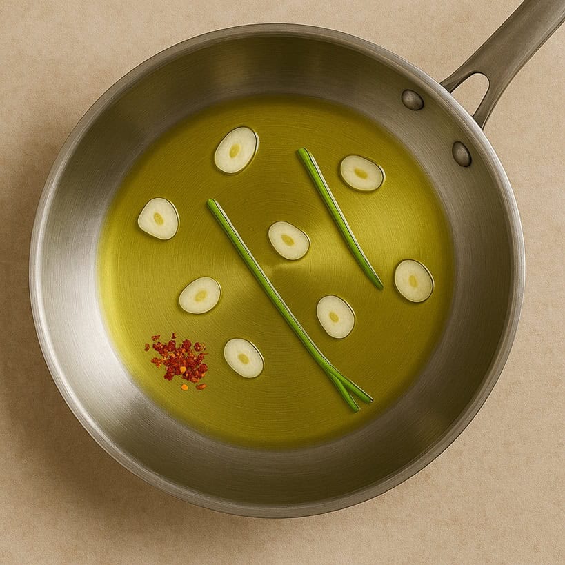 Soffritto per spaghetti alle vongole con aglio, olio, peperoncino e gambi di prezzemolo