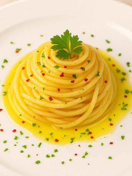 Spaghetti aglio, olio e peperoncino con olio sul fondo, peperoncino tritato e prezzemolo fresco