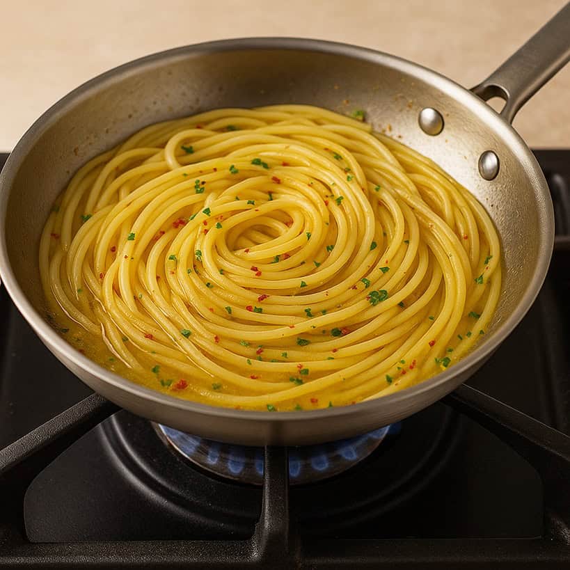 Spaghetti aglio, olio e peperoncino in padella su fornello