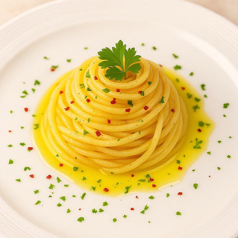 Spaghetti aglio, olio e peperoncino con olio sul fondo, peperoncino tritato e prezzemolo fresco