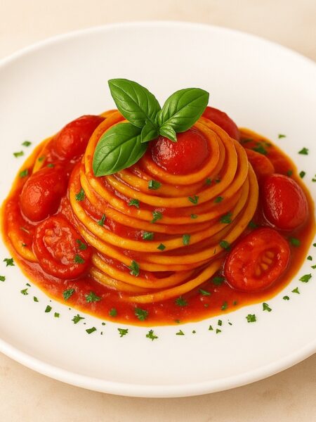 Piatto con spaghetti al pomodoro fresco con pomodorini e basilico