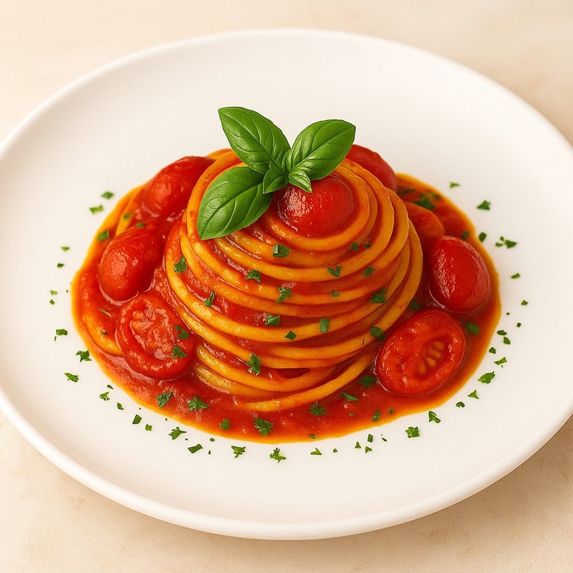 Piatto con spaghetti al pomodoro fresco con pomodorini e basilico