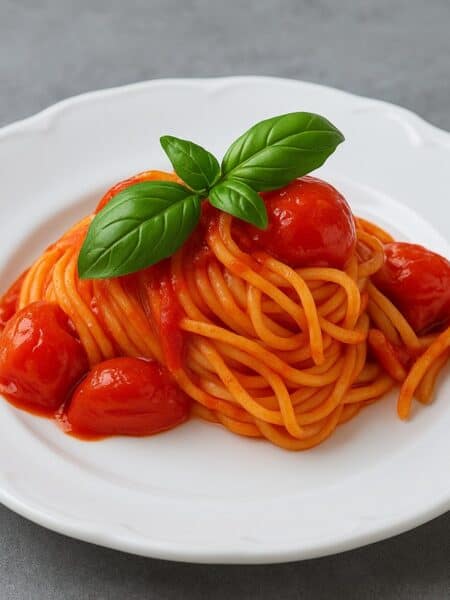 Spaghetti al pomodoro fresco con basilico, serviti in un piatto bianco con foglie di basilico fresco