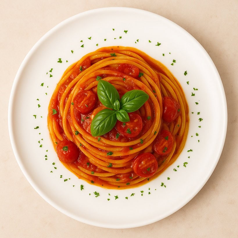 Spaghetti al pomodoro fresco e basilico impiattati con eleganza visti dall'alto