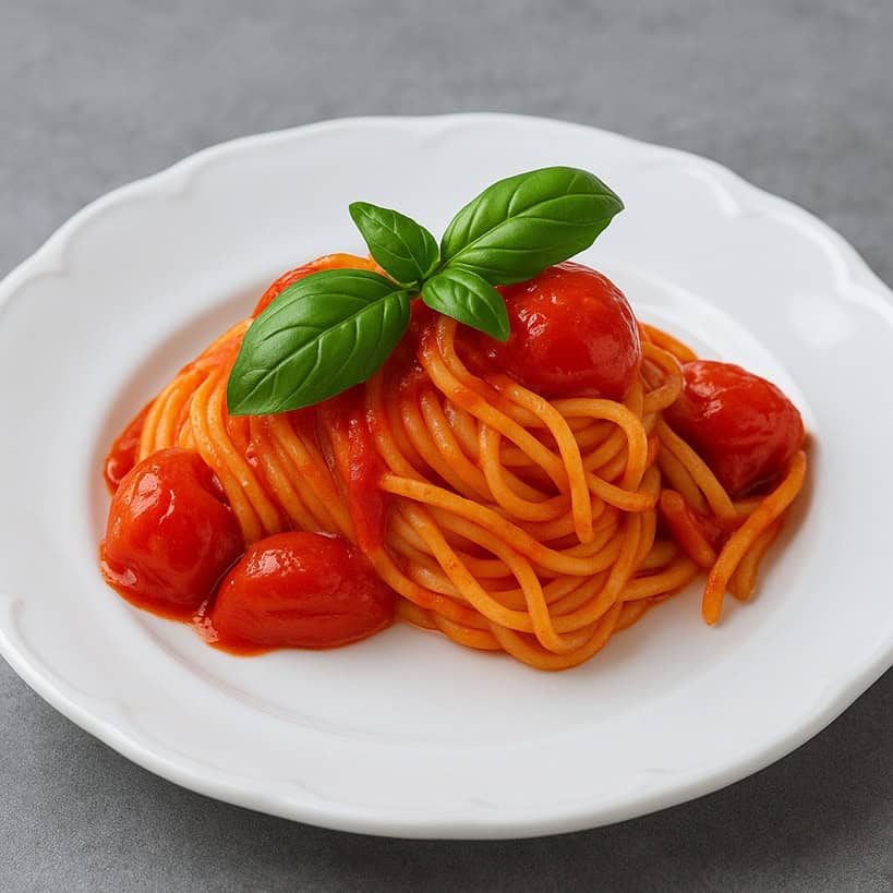 Spaghetti al pomodoro fresco con basilico, serviti in un piatto bianco con foglie di basilico fresco