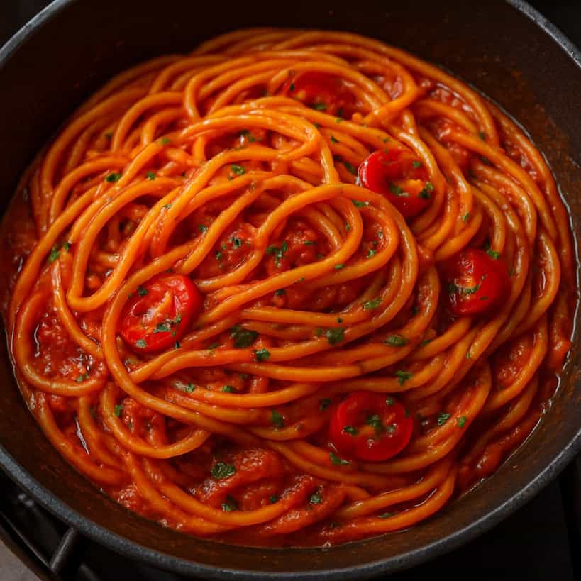 Spaghetti al pomodoro fresco mantecati in padella con il sugo e il basilico tritato