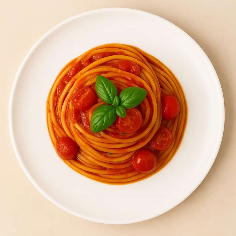 Spaghetti al pomodoro con pomodorini e basilico, visti dall’alto