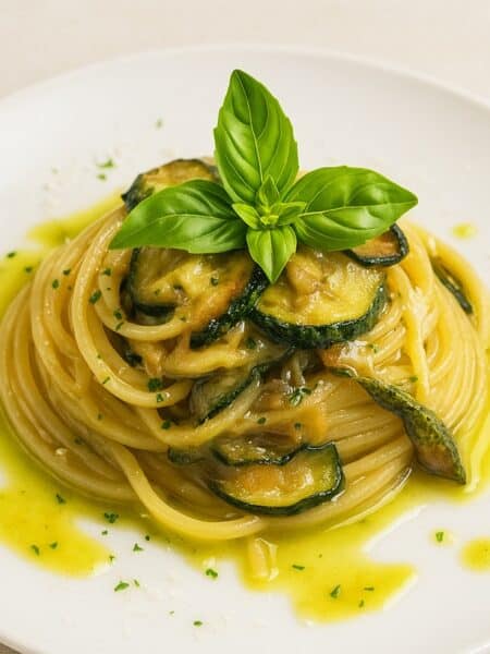 Spaghetti alla Nerano con zucchine fritte e crema di formaggio, serviti con basilico fresco su piatto bianco