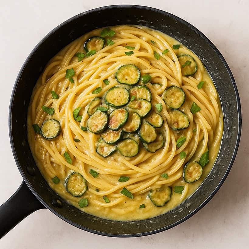 Spaghetti alla Nerano mantecati in padella con zucchine e basilico spezzettato