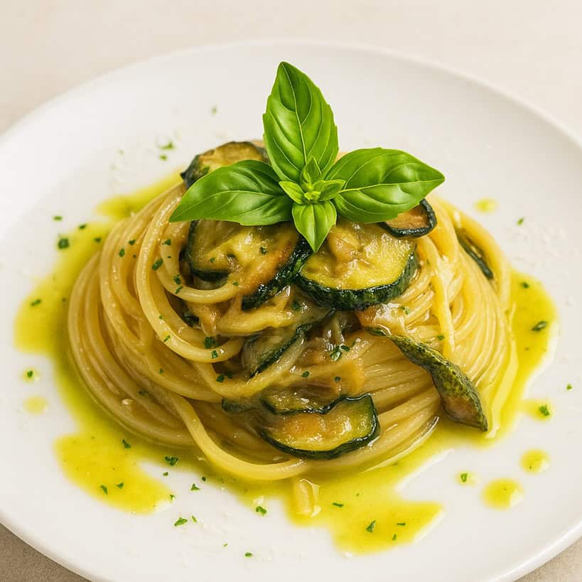 Spaghetti alla Nerano con zucchine fritte e crema di formaggio, serviti con basilico fresco su piatto bianco