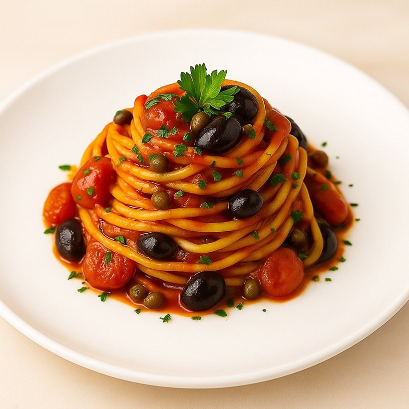Spaghetti alla puttanesca serviti in un piatto bianco, conditi con salsa di pomodoro, olive nere, capperi e prezzemolo fresco.