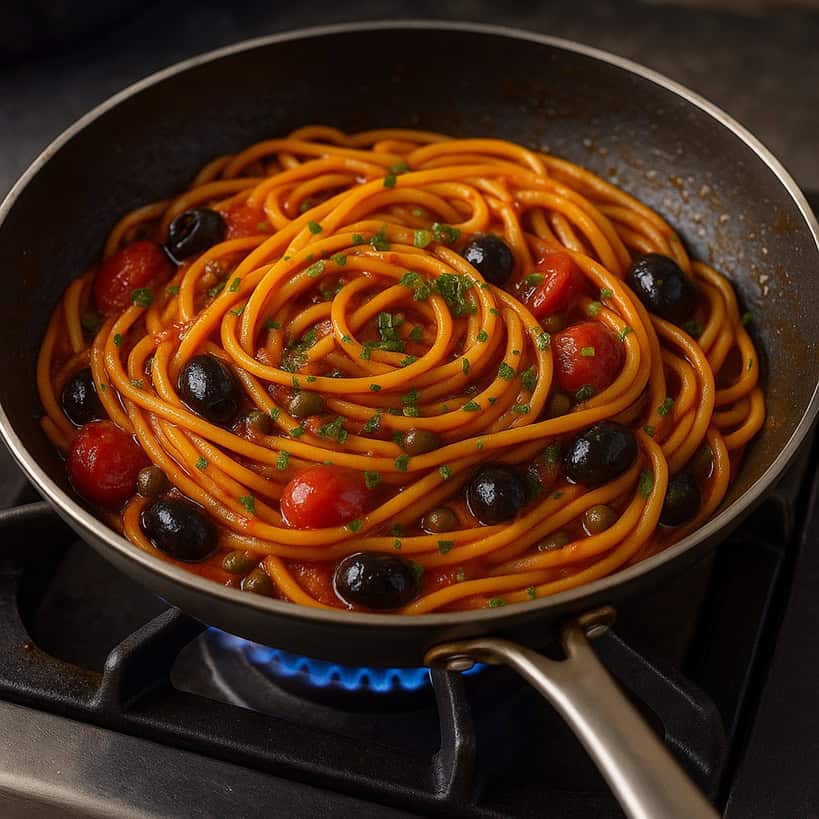 Spaghetti alla puttanesca ben amalgamati in padella con sugo, olive, capperi e prezzemolo