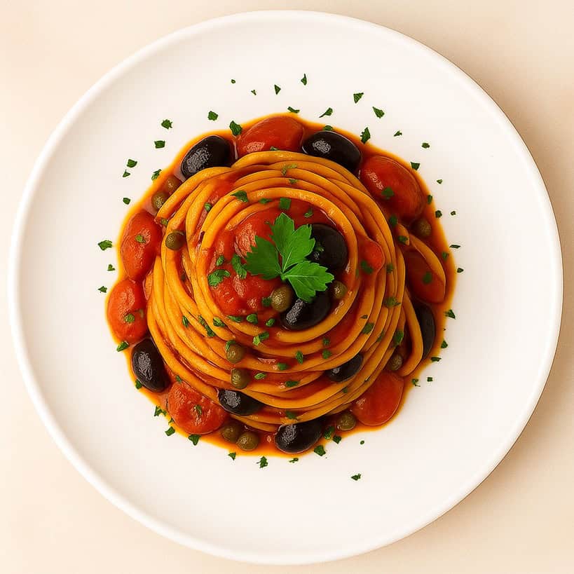 Vista dall’alto di spaghetti alla puttanesca con olive nere, capperi, pomodorini e prezzemolo