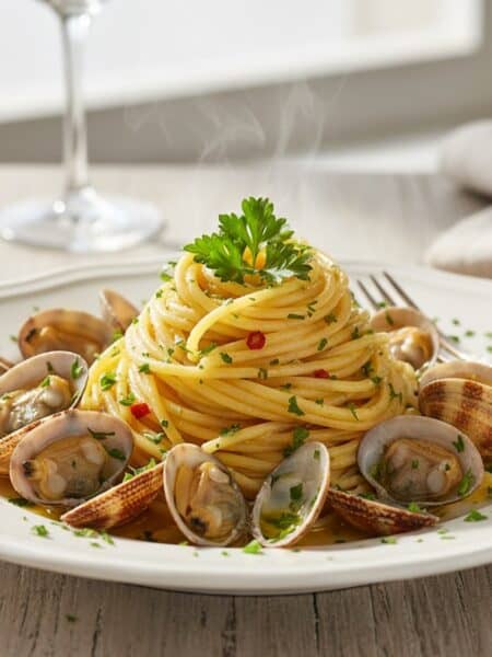 Piatto di spaghetti alle vongole in bianco, fumante, con vongole veraci, prezzemolo tritato e un ciuffo di prezzemolo fresco, servito su un tavolo di legno chiaro.