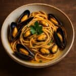 paghetti alle cozze serviti in un piatto rustico con solo olio, cozze aperte e prezzemolo fresco