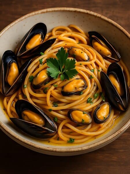 paghetti alle cozze serviti in un piatto rustico con solo olio, cozze aperte e prezzemolo fresco