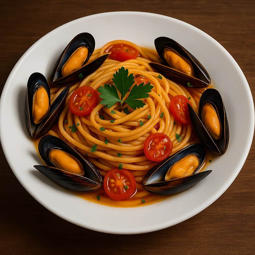 Spaghetti alle cozze con pomodorini, serviti in piatto bianco