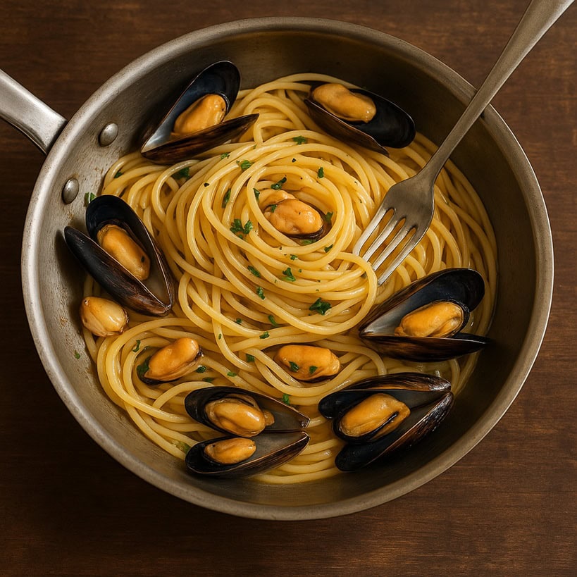 Spaghetti alle cozze in padella con olio e prezzemolo, cozze sgusciate e intere, pronti per la mantecatura finale