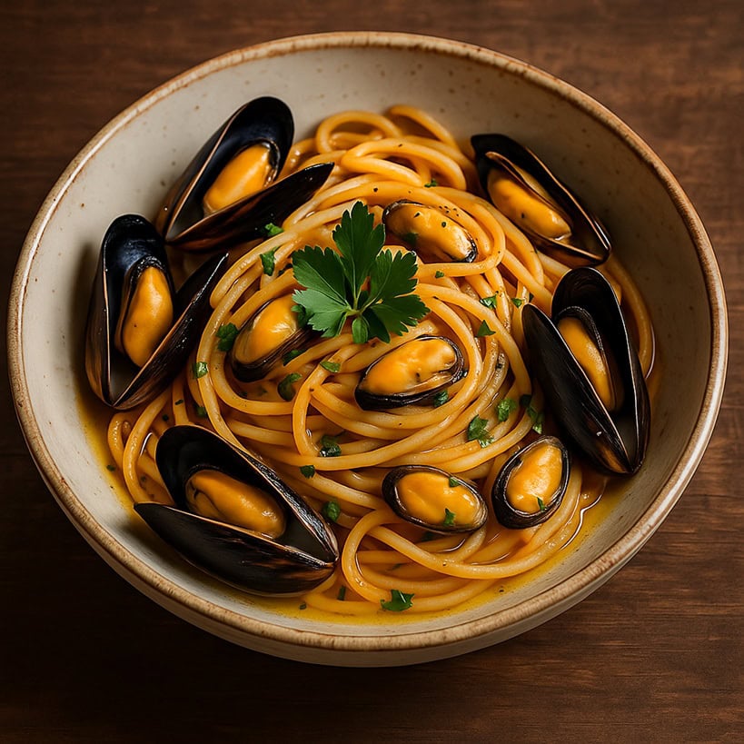 paghetti alle cozze serviti in un piatto rustico con solo olio, cozze aperte e prezzemolo fresco