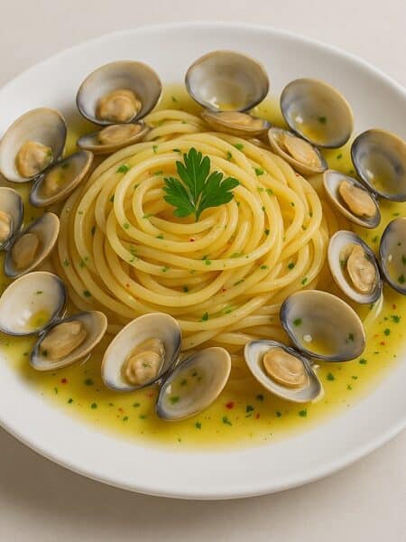 Spaghetti alle vongole serviti in un piatto bianco con vongole aperte