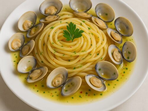 Spaghetti alle vongole serviti in un piatto bianco con vongole aperte