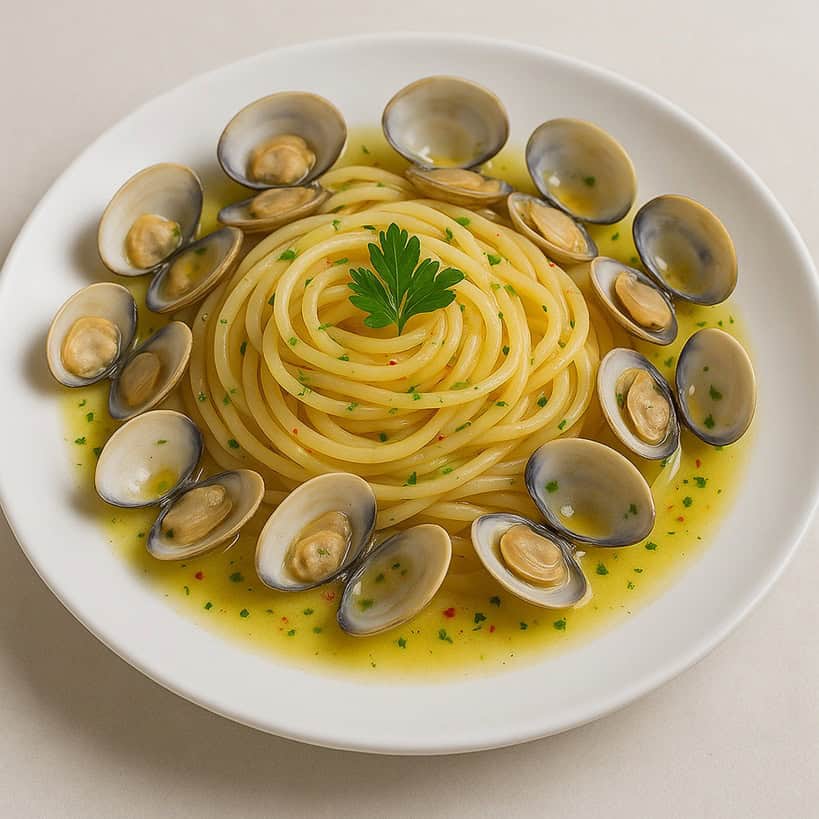 Spaghetti alle vongole serviti in un piatto bianco con vongole aperte