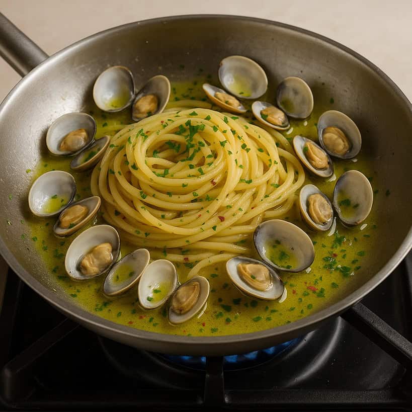 Spaghetti alle vongole in padella con sugo emulsionato e prezzemolo