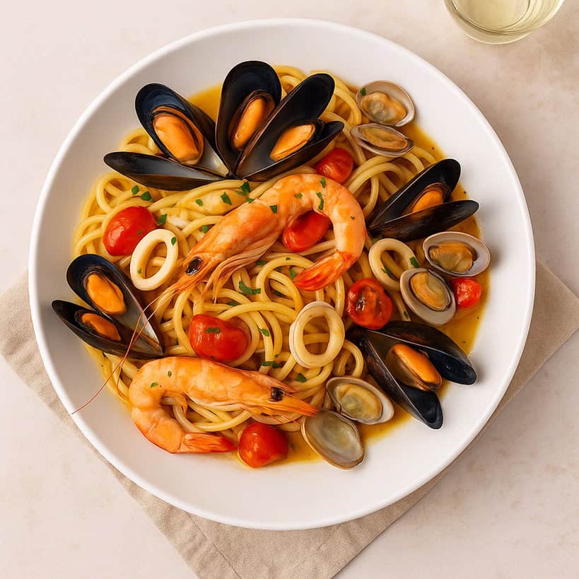Vista dall’alto di un piatto di spaghetti allo scoglio con frutti di mare e pomodorini